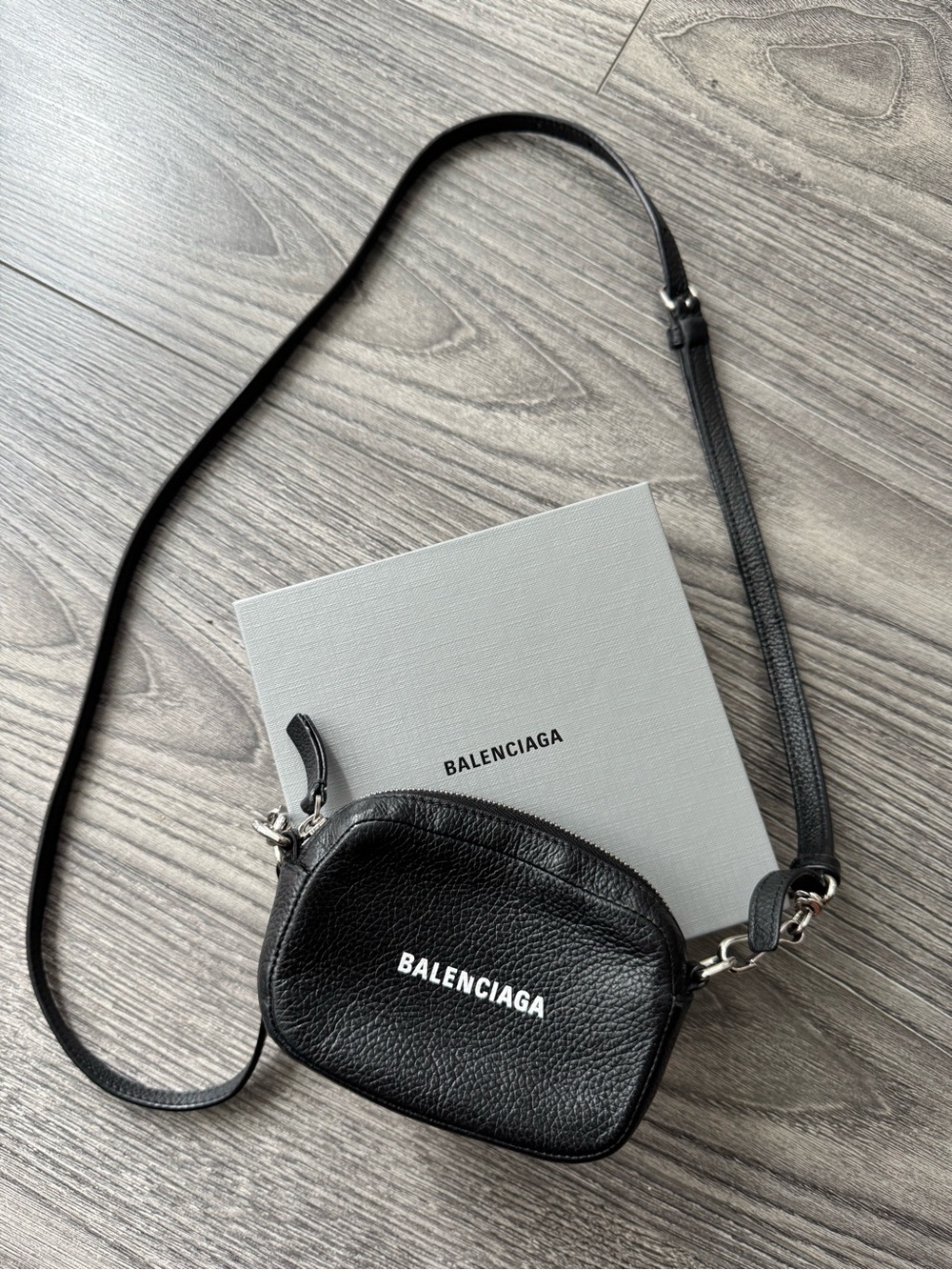Balenciaga Black Pebbled Leather Mini Crossbody with Logo